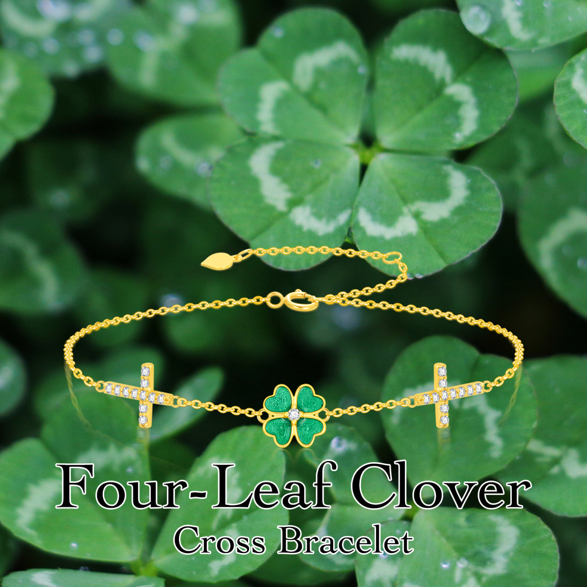 10K Gold Circular Shaped Moissanite Four Leaf Clover Charm Bracelet-6