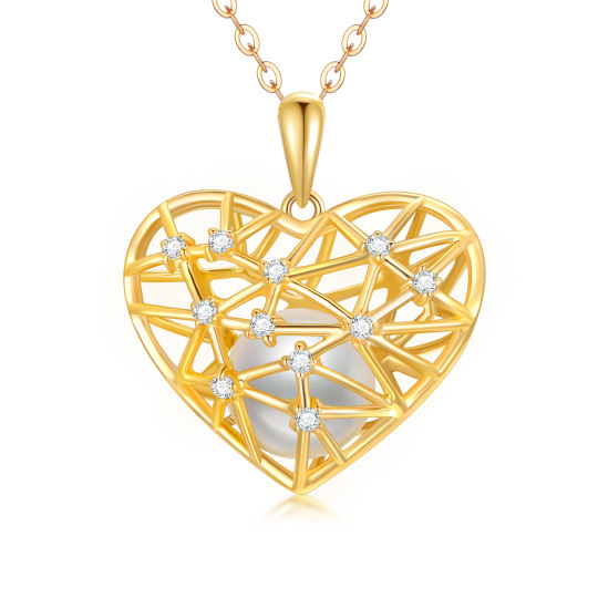 10K Gold Circular Shaped Moissanite & Pearl Heart Pendant Necklace