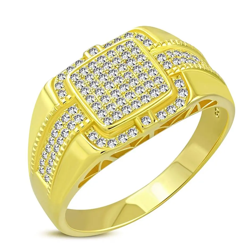 10K Gold Circular Shaped Moissanite Personalized Engraving & Square Ring for Men-2