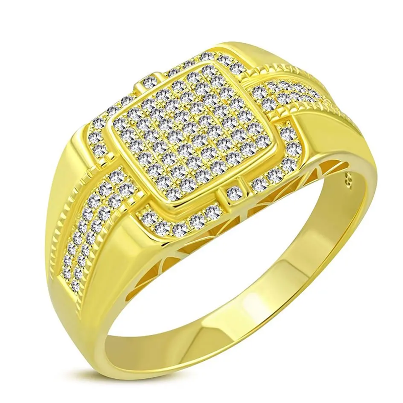 10K Gold Round Shaped Moissanite Personalized Engraving & Square Ring for Men-2