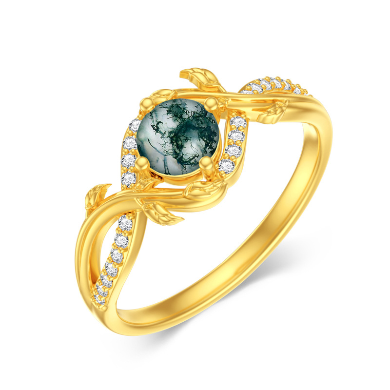 Sterling Silver with Yellow Gold Plated Round Cut Moss Agate Ring-2