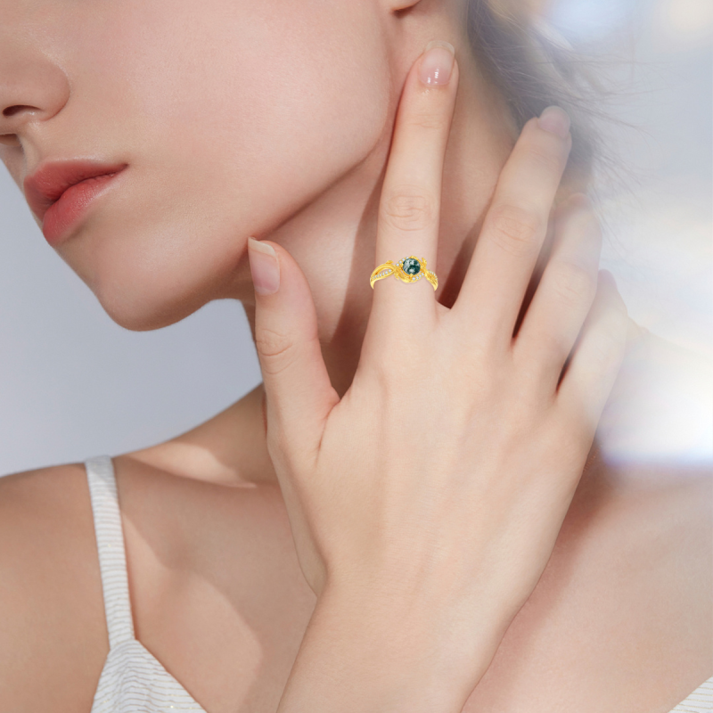 10K Gold Round Shaped Moss Agate Personalized Engraving Ring-2