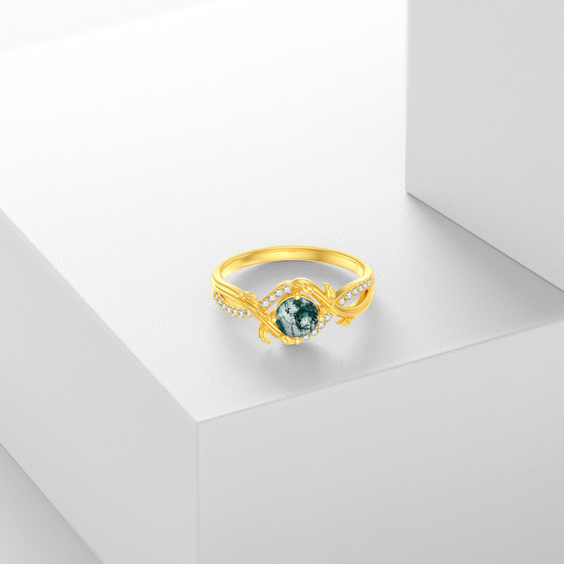 10K Gold Round Shaped Moss Agate Personalized Engraving Ring-3