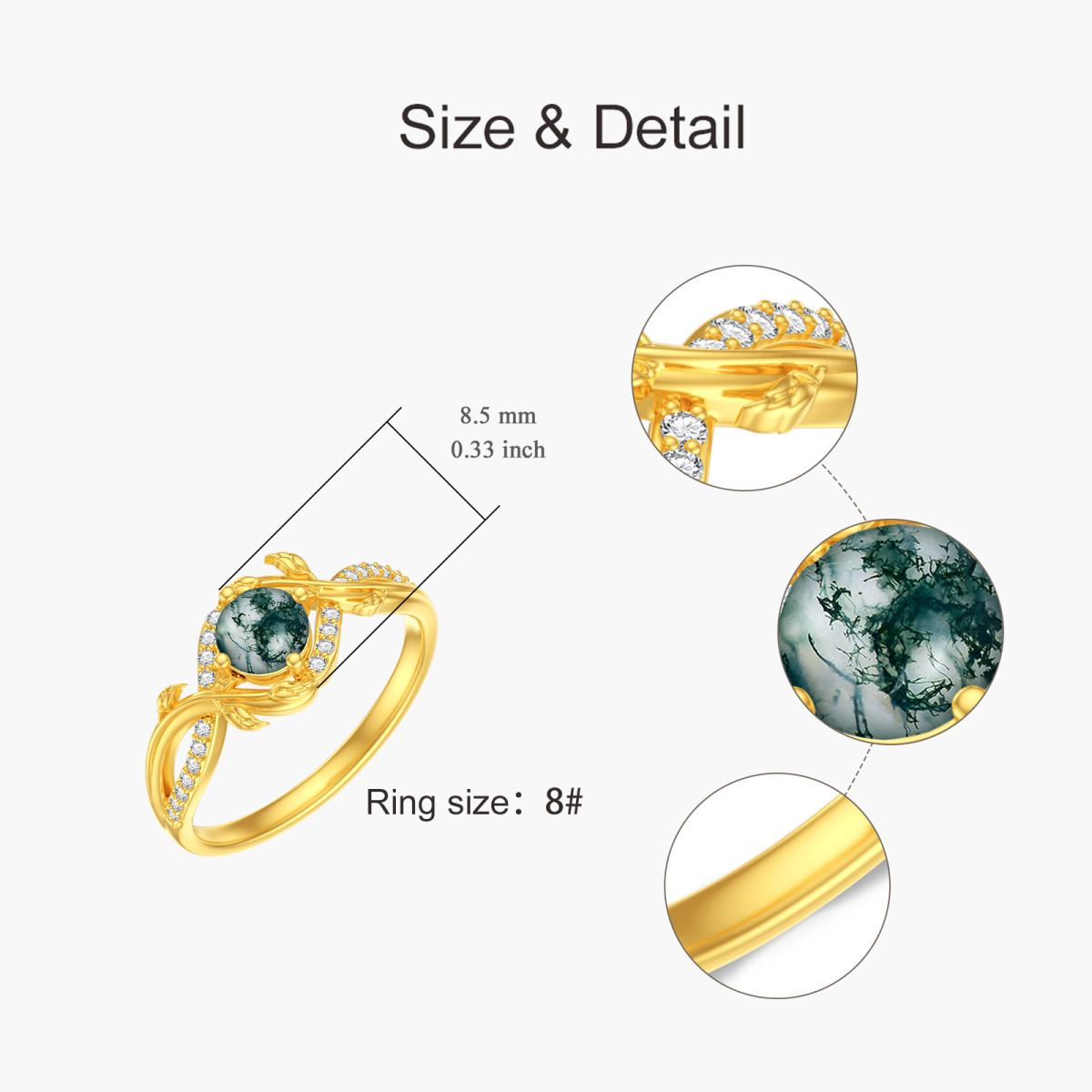 10K Gold Circular Shaped Moss Agate Personalized Engraving Ring-4