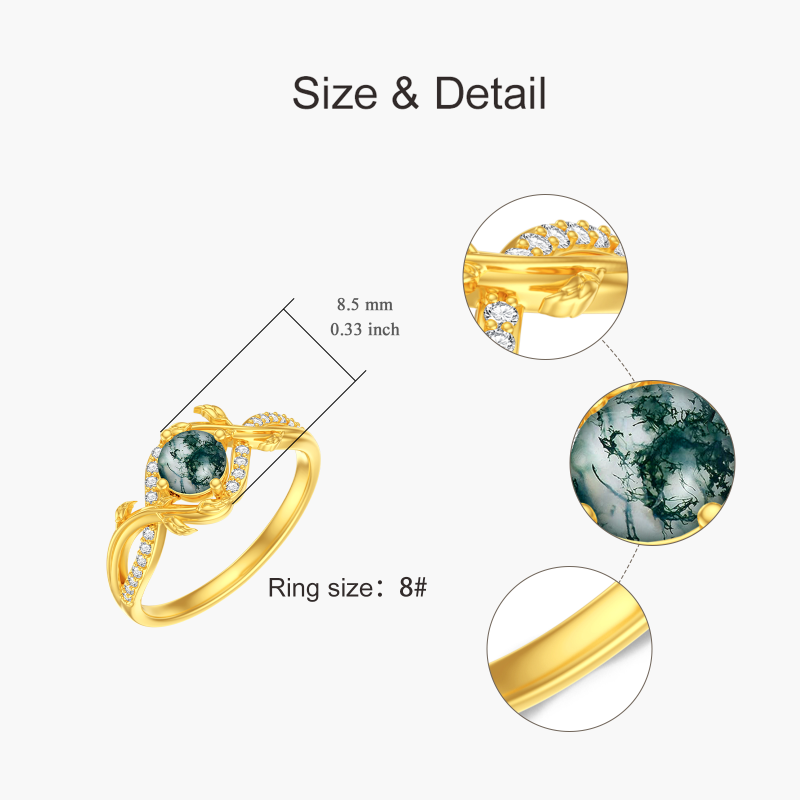 10K Gold Round Shaped Moss Agate Personalized Engraving Ring-4
