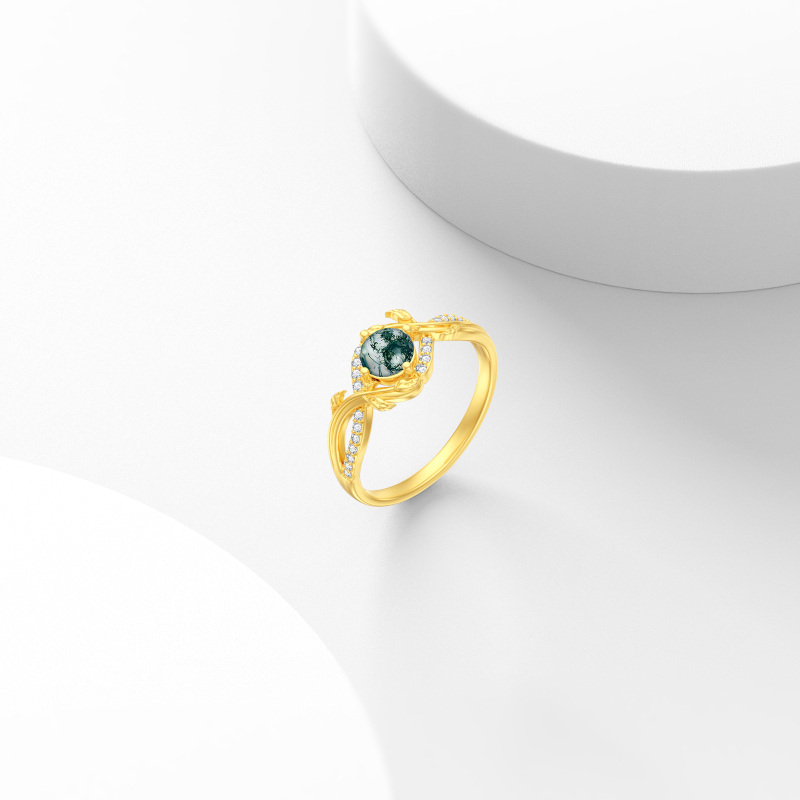 10K Gold Round Shaped Moss Agate Personalized Engraving Ring-5