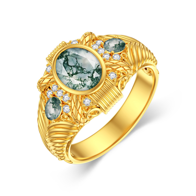 18K Gold 2 CT Round Cut Moss Agate Personalized Engraving Band-1