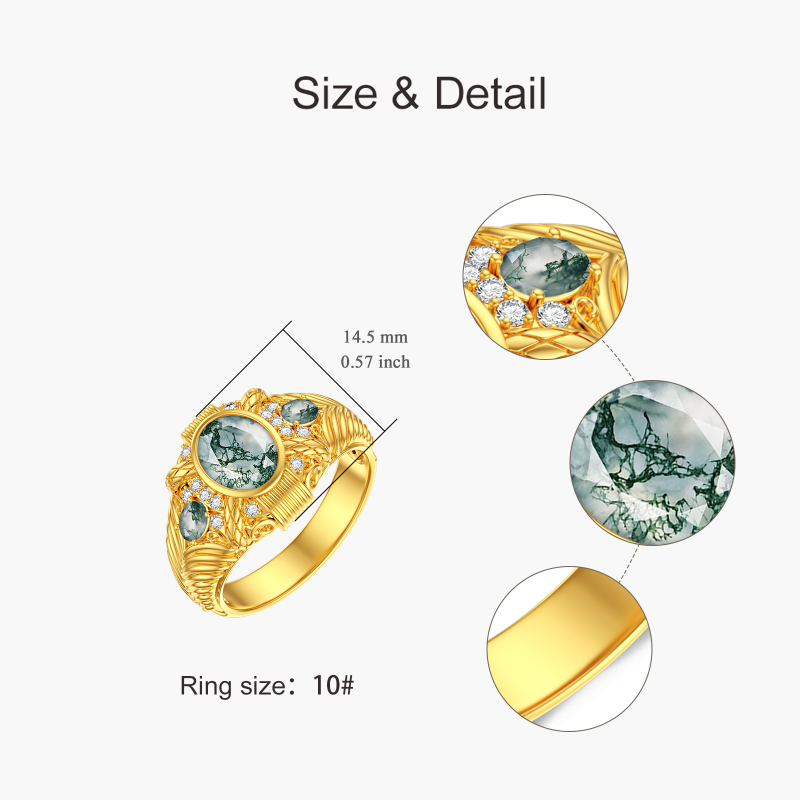 10K White Gold 2 CT Round Cut Moss Agate Personalized Engraving Band-4