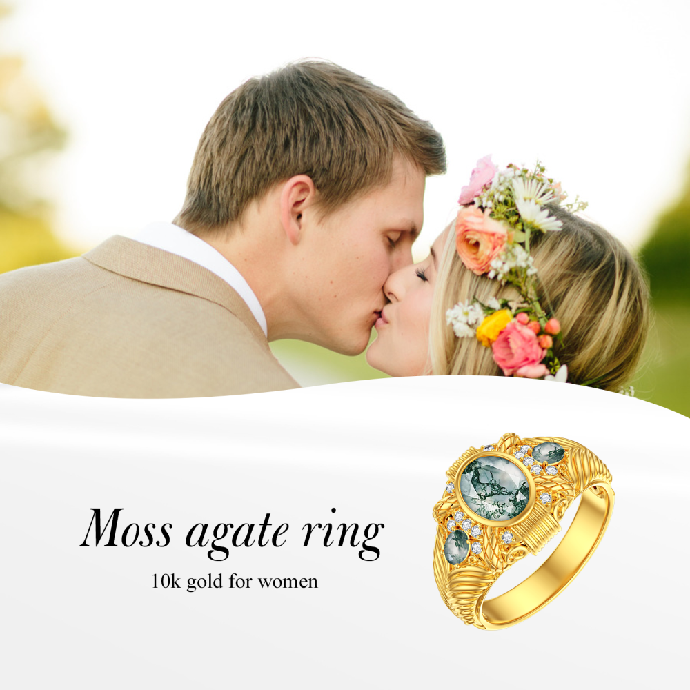 10K Gold 2 CT Round Cut Moss Agate Personalized Engraving Band-6