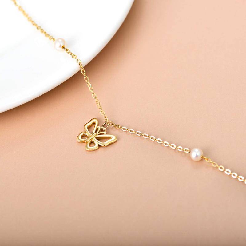 Pulsera con dije de mariposa y perla de corte redondo en oro blanco de 10 quilates-4