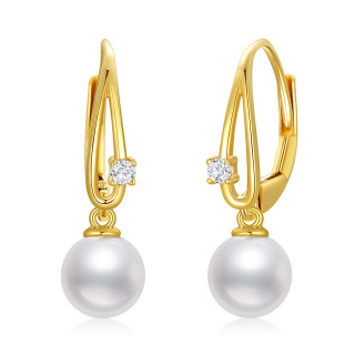 10K Gold Circular Shaped Pearl Lever-back Earrings-3