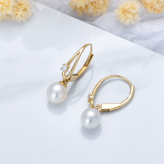 10K Gold Circular Shaped Pearl Lever-back Earrings-3