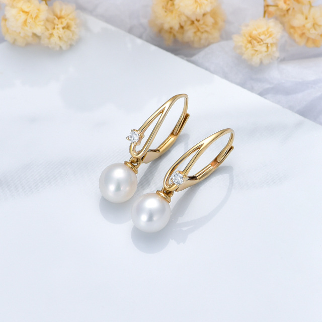 10K Gold Circular Shaped Pearl Lever-back Earrings-4