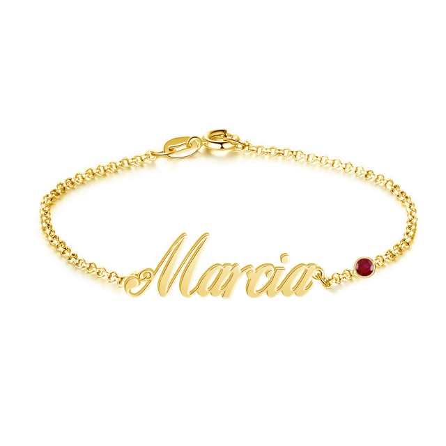 10K Gold Circular Shaped Cubic Zirconia Personalized Birthstone & Personalized Classic Name Pendant Bracelet-1