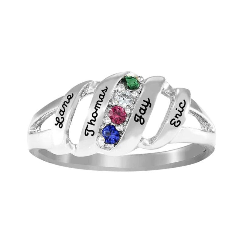 10K White Gold Round Cut Cubic Zirconia Personalized Birthstone & Personalized Engraving Birthstone Ring-2