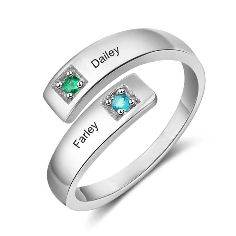 10K Gold Round Cubic Zirconia Personalised Birthstone Engraving Ring For Women-2