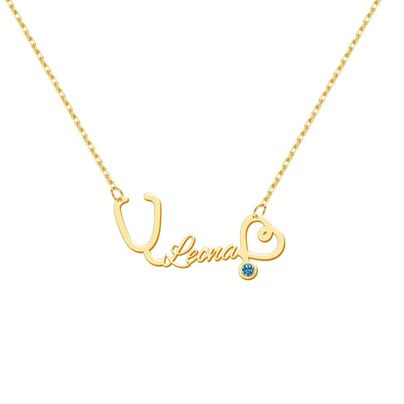 10K Gold Circular Shaped Cubic Zirconia Personalized Classic Name Pendant Necklace-17