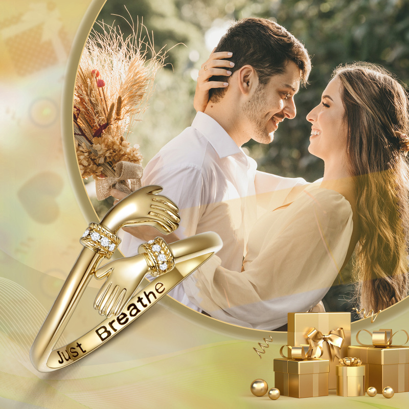 10K Gold Round Shaped Cubic Zirconia Personalized Engraving & Hug Open Ring-6