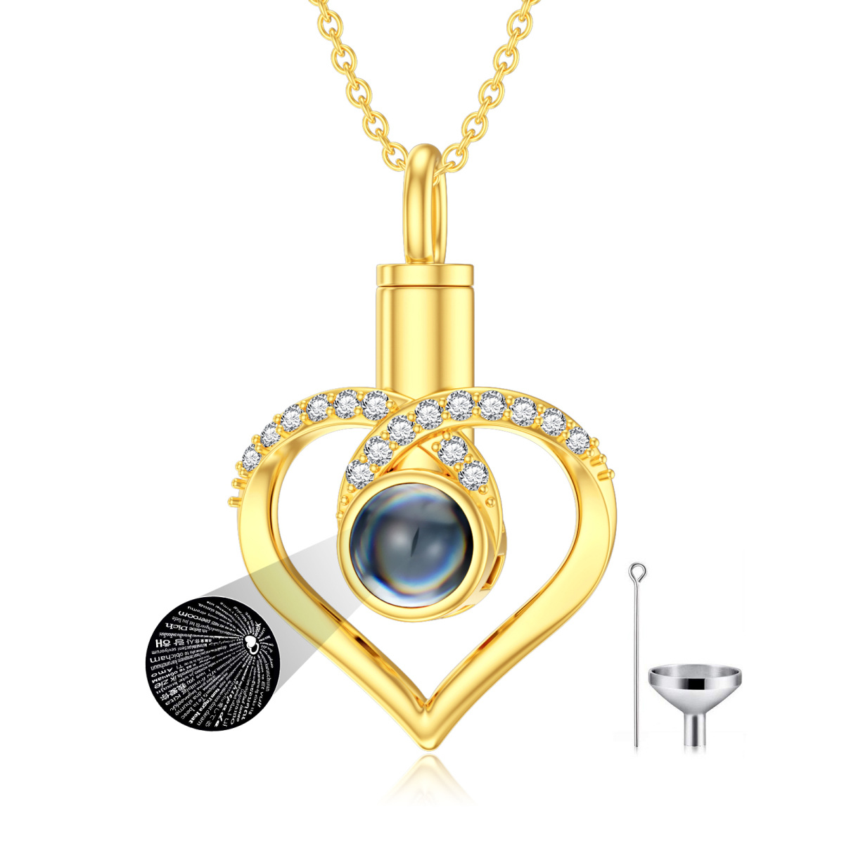 10K Gold Circular Shaped Cubic Zirconia Personalized Projection & Heart Urn Necklace for Ashes-1