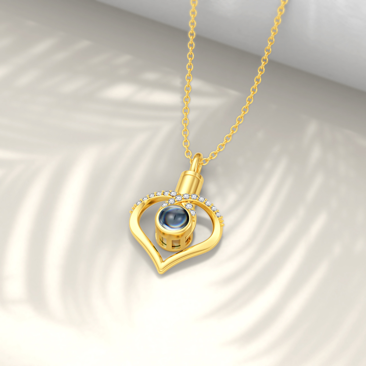 10K Gold Circular Shaped Cubic Zirconia Personalized Projection & Heart Urn Necklace for Ashes-4