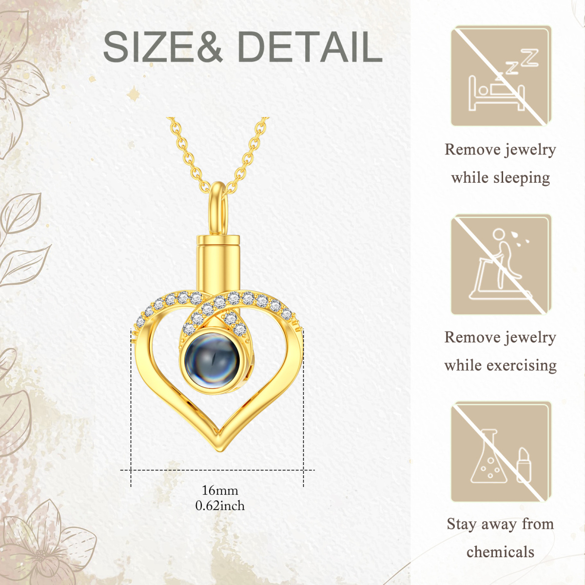 10K Gold Circular Shaped Cubic Zirconia Personalized Projection & Heart Urn Necklace for Ashes-6