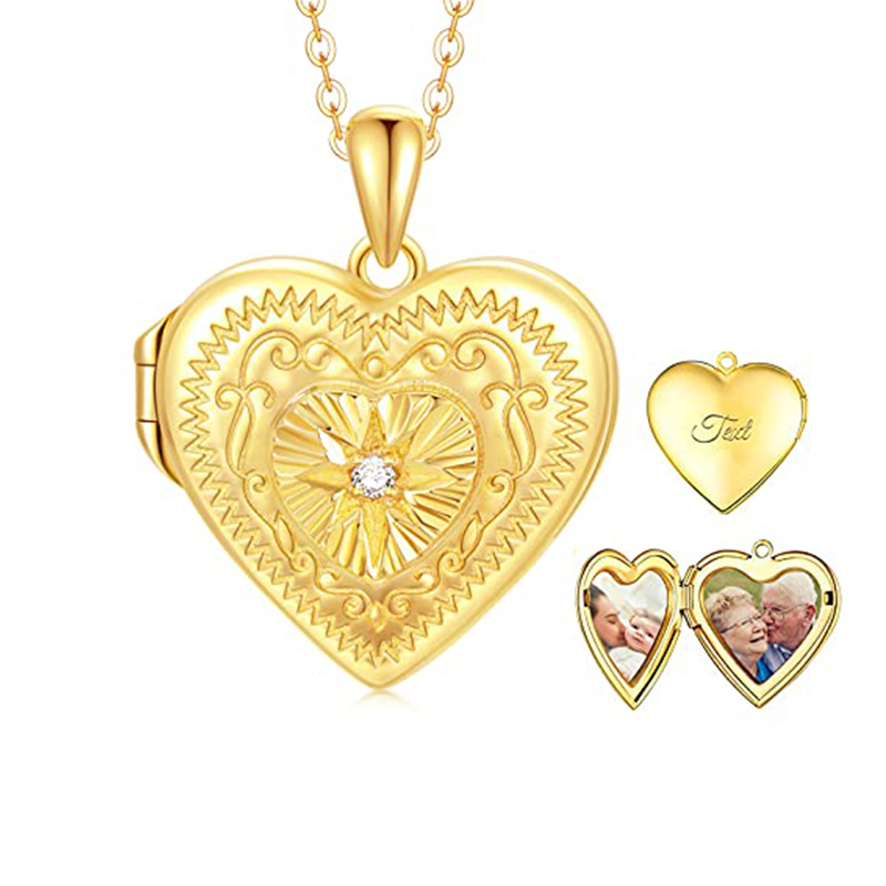 10K Gold Circular Shaped Cubic Zirconia Star Of David Heart Personalized Engraving Photo Locket Necklace-1