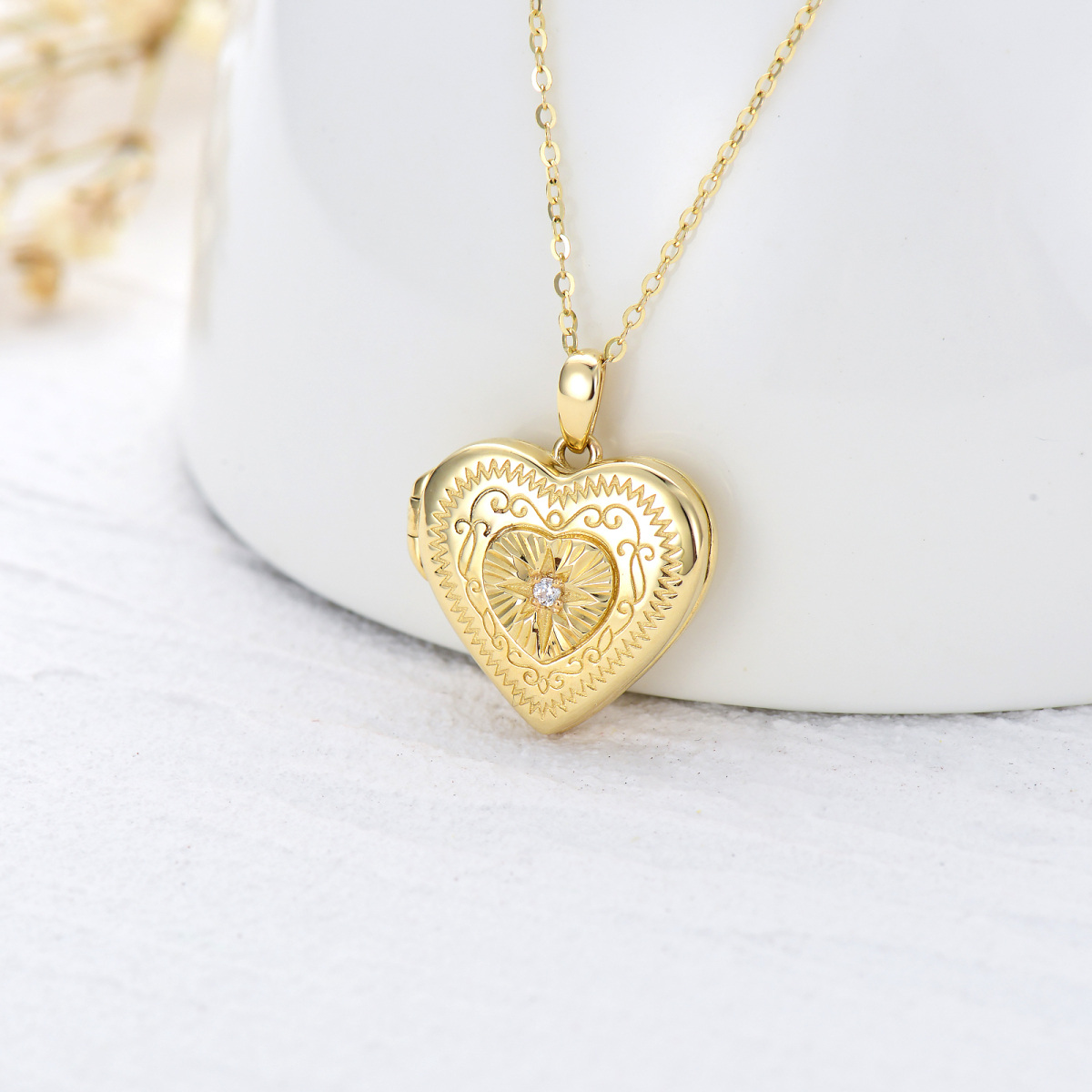 10K Gold Circular Shaped Cubic Zirconia Star Of David Heart Personalized Engraving Photo Locket Necklace-3