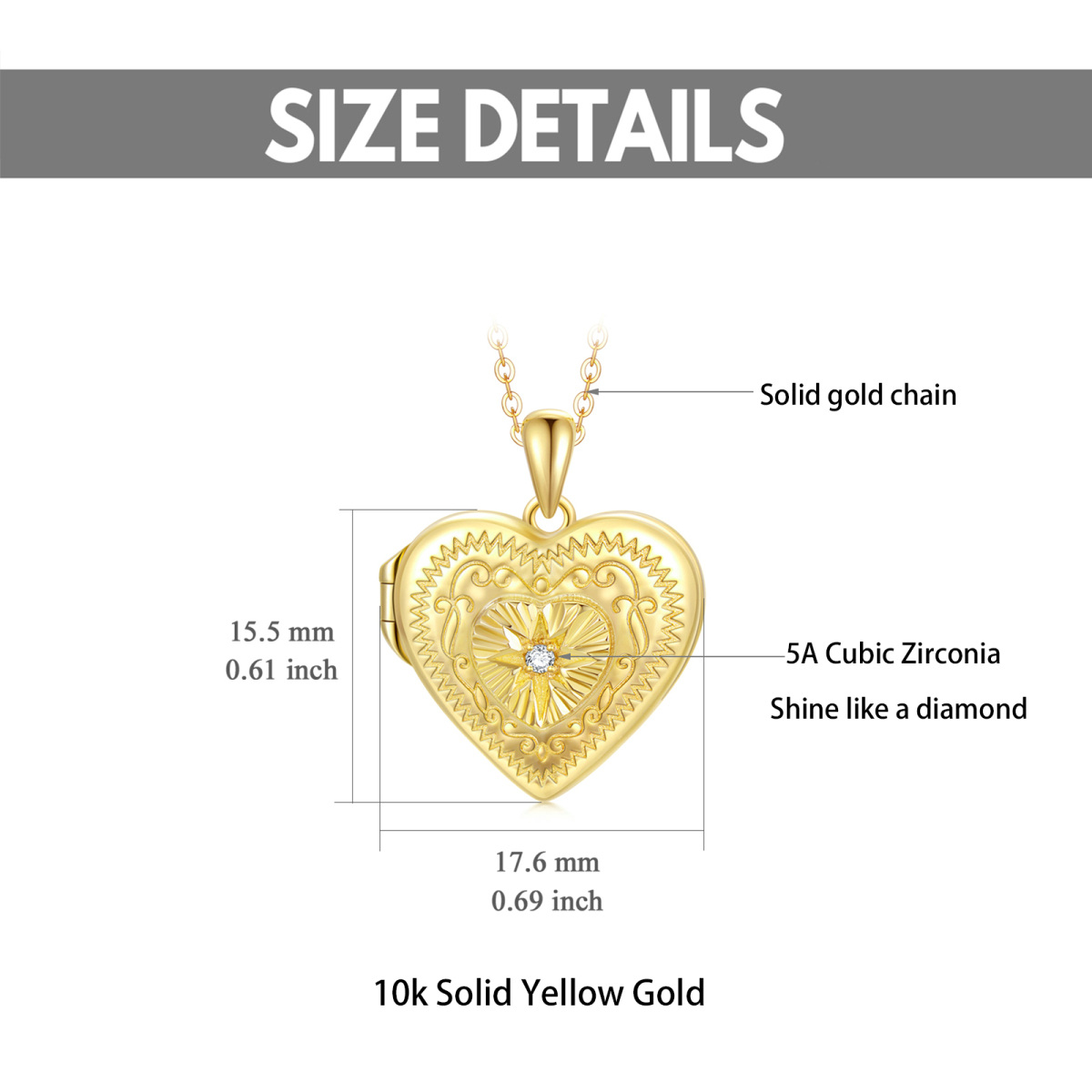 10K Gold Circular Shaped Cubic Zirconia Heart & Star Of David Personalized Photo Locket Necklace-5