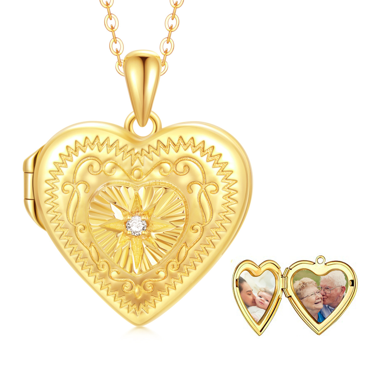 10K Gold Circular Shaped Cubic Zirconia Star Of David Heart Personalized Photo Locket Necklace-1