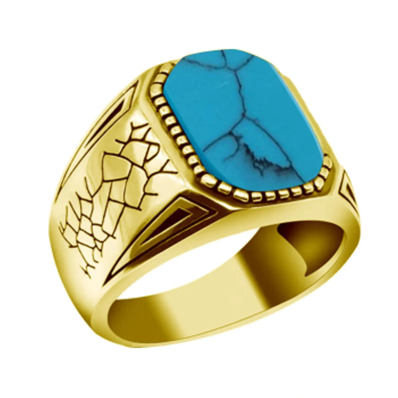 10K Gold Circular Shaped Turquoise Personalized Engraving Ring for Men-3