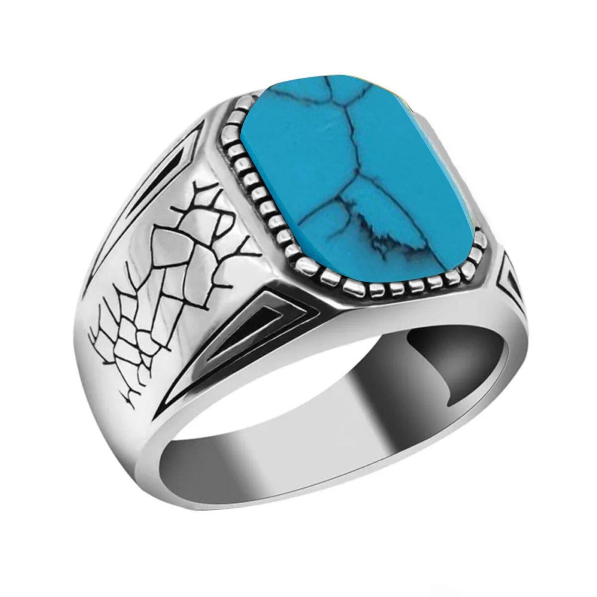 Bague à gravure personnalisée turquoise de forme circulaire en or 10 carats pour homme-1