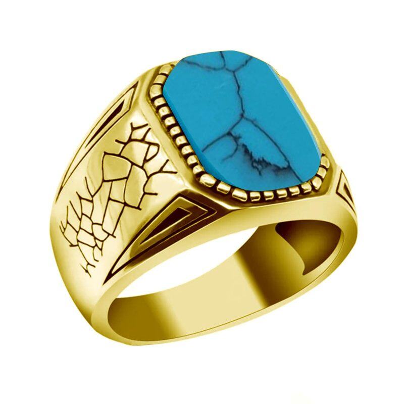 10K Gold Round Shaped Turquoise Personalized Engraving Ring for Men-2