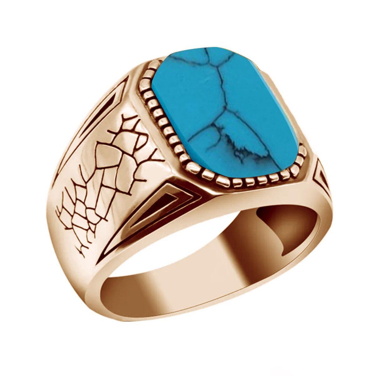 10K Gold Circular Shaped Turquoise Personalized Engraving Ring for Men-3