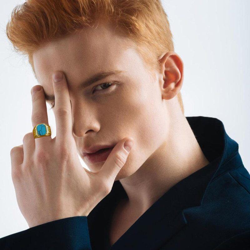 10K White Gold Round Cut Turquoise Personalized Engraving Ring for Men-2