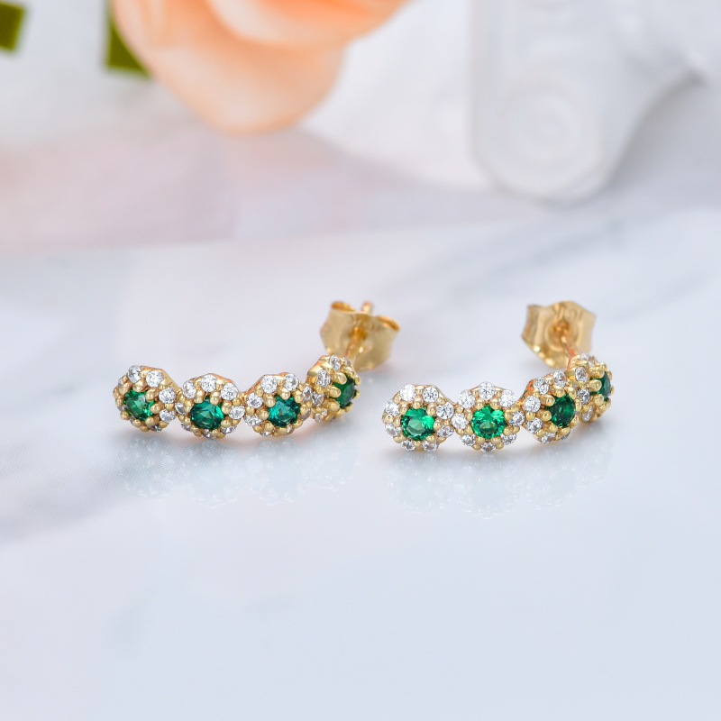 Brincos de pino em forma de flores silvestres com zircónias cúbicas circulares em ouro 14K.-4