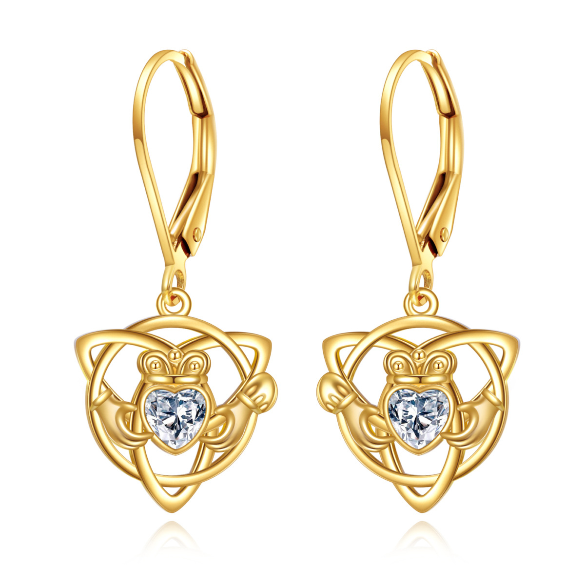 10K Gold Cubic Zirconia Claddagh Drop Earrings-1