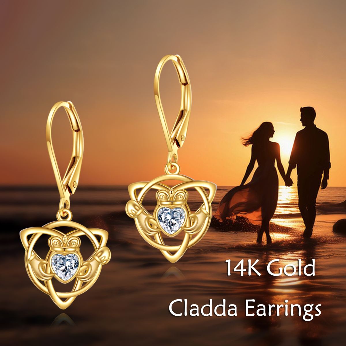 Boucles d'oreilles Claddagh pendantes en or 10 carats et zircone cubique-6