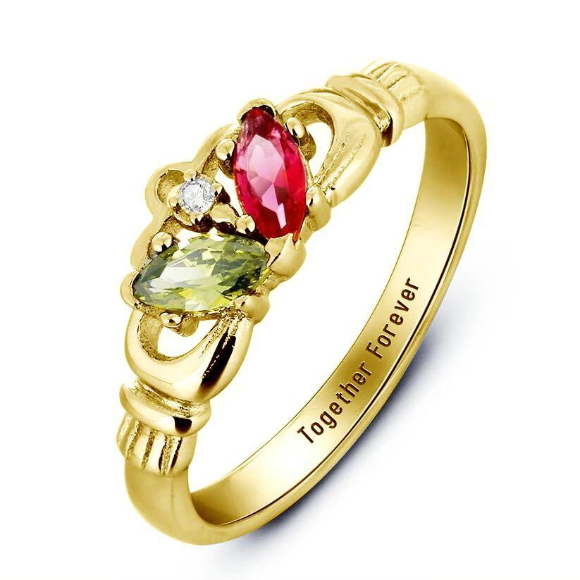 Anel de Birthstone de gravura personalizado Claddagh em ouro 10K para mulheres