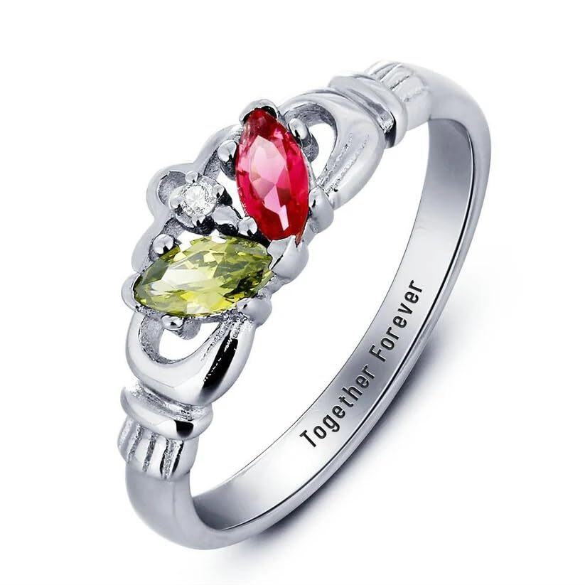 Anillo Claddagh de oro de 10 quilates con piedra de nacimiento grabada personalizada para mujer-2