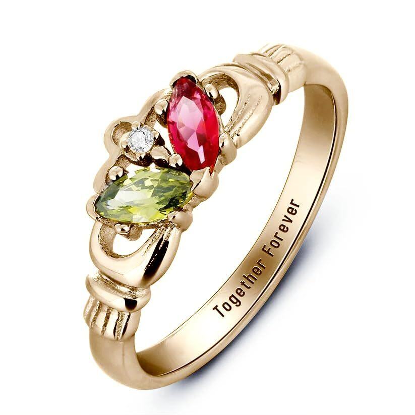 Anillo Claddagh de oro de 10 quilates con piedra de nacimiento grabada personalizada para mujer-3