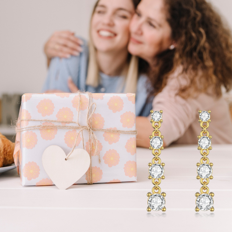 Boucles d'oreilles pendantes pour couple en or 10 carats et zirconiums cubiques-6