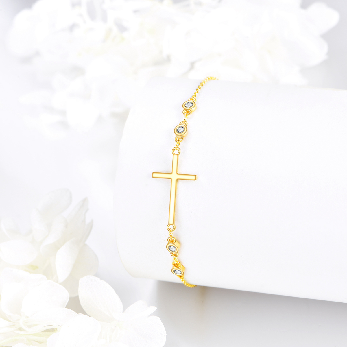 10K Gold Cubic Zirconia Cross Charm Bracelet-3