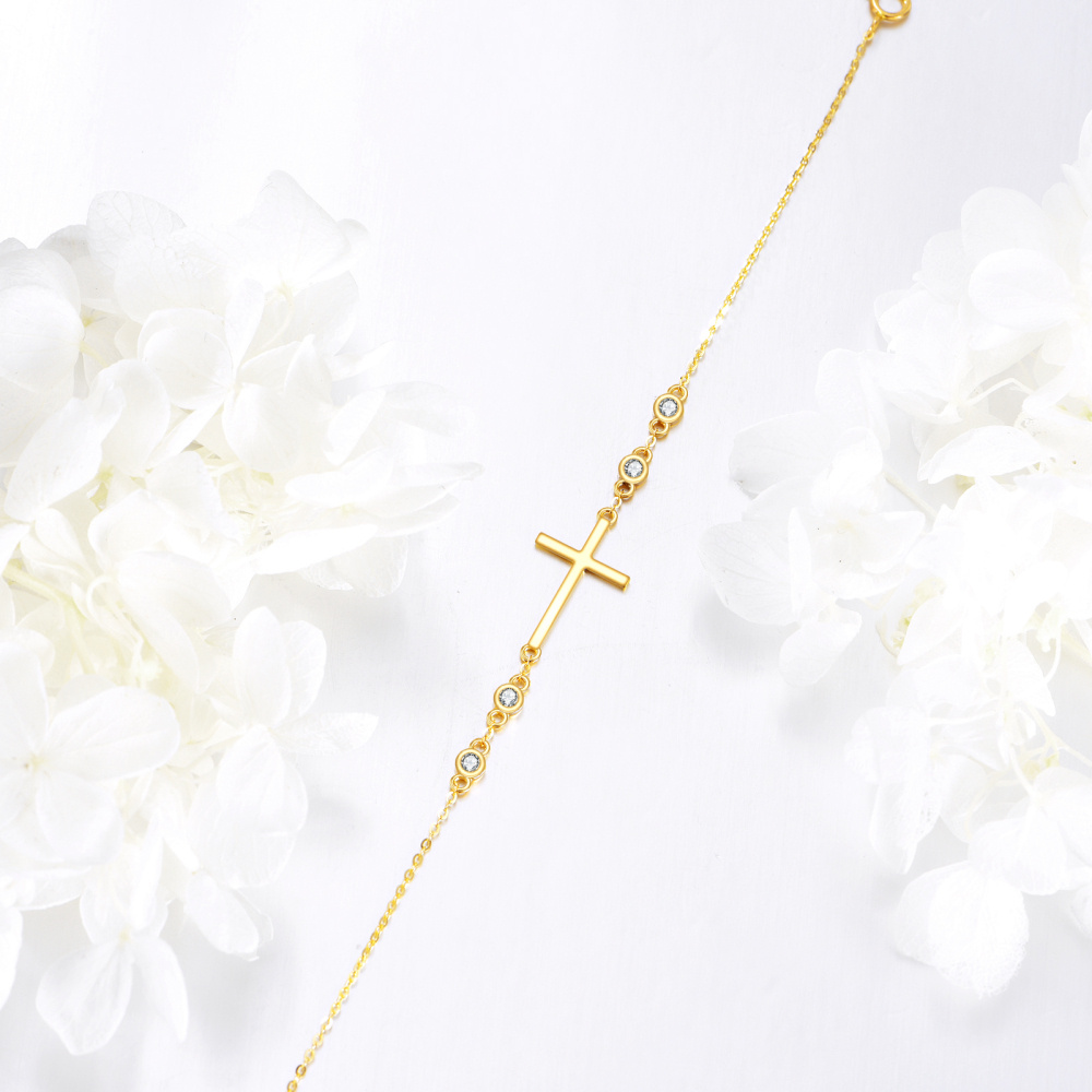 Pulseira de pingente de cruz de zircônia cúbica de ouro 10K-4