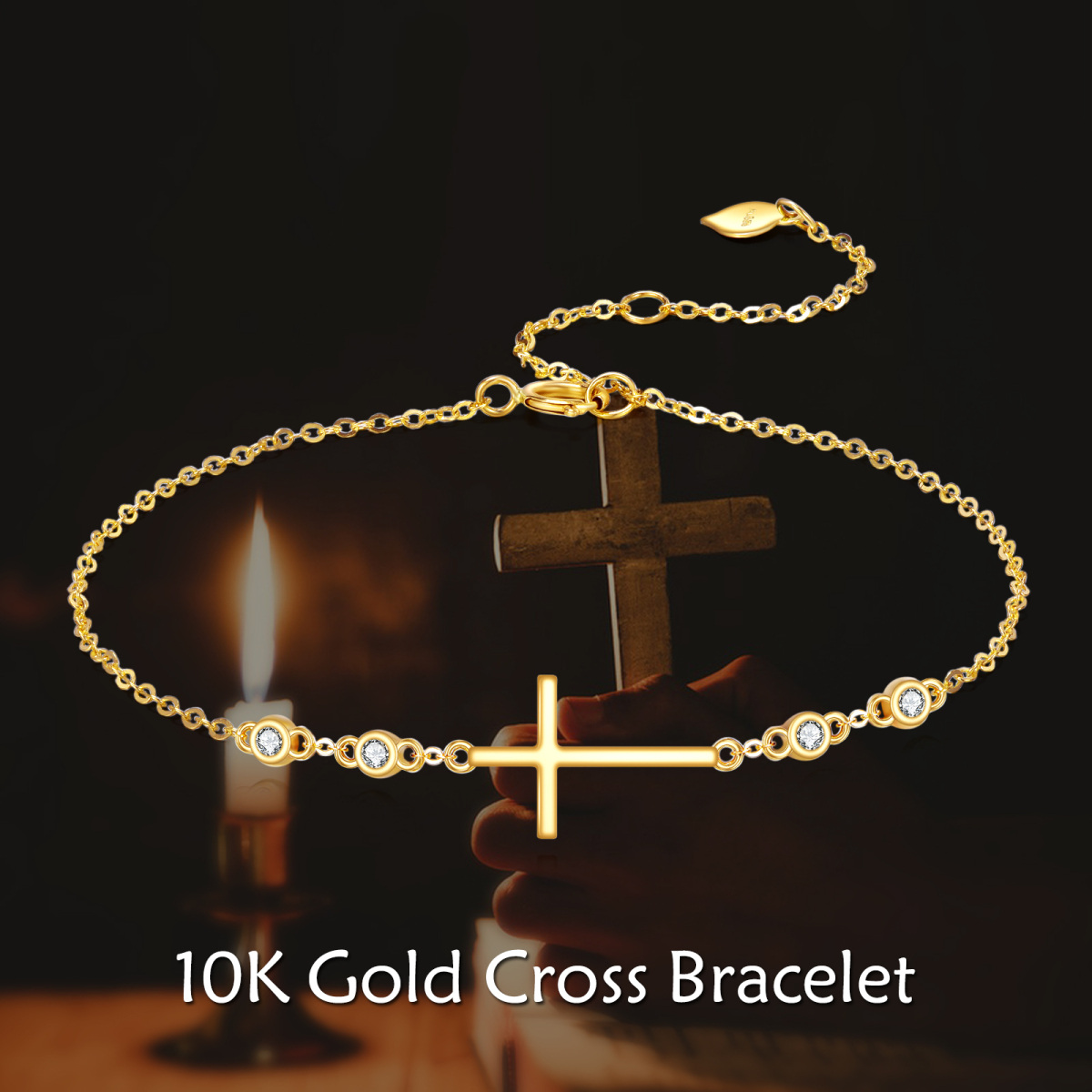 10K Gold Cubic Zirconia Cross Charm Bracelet-6