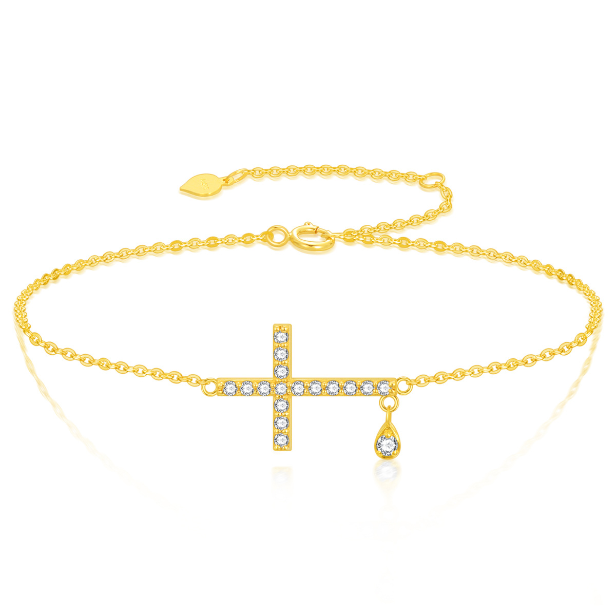 10K Gold Cubic Zirconia Cross & Drop Shape Charm Bracelet-1