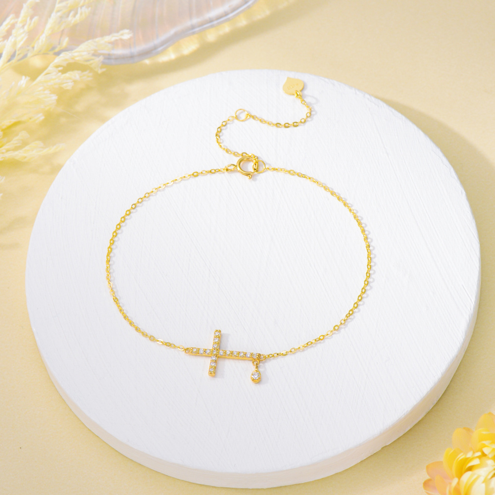 Pulseira de pingente em forma de gota de cruz de zircônia cúbica de ouro 10K-3