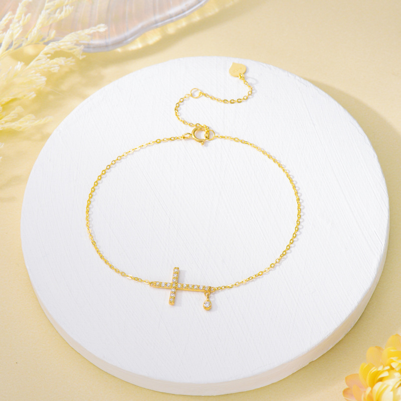 10K White Gold Cubic Zirconia Cross & Drop Shape Charm Bracelet-3