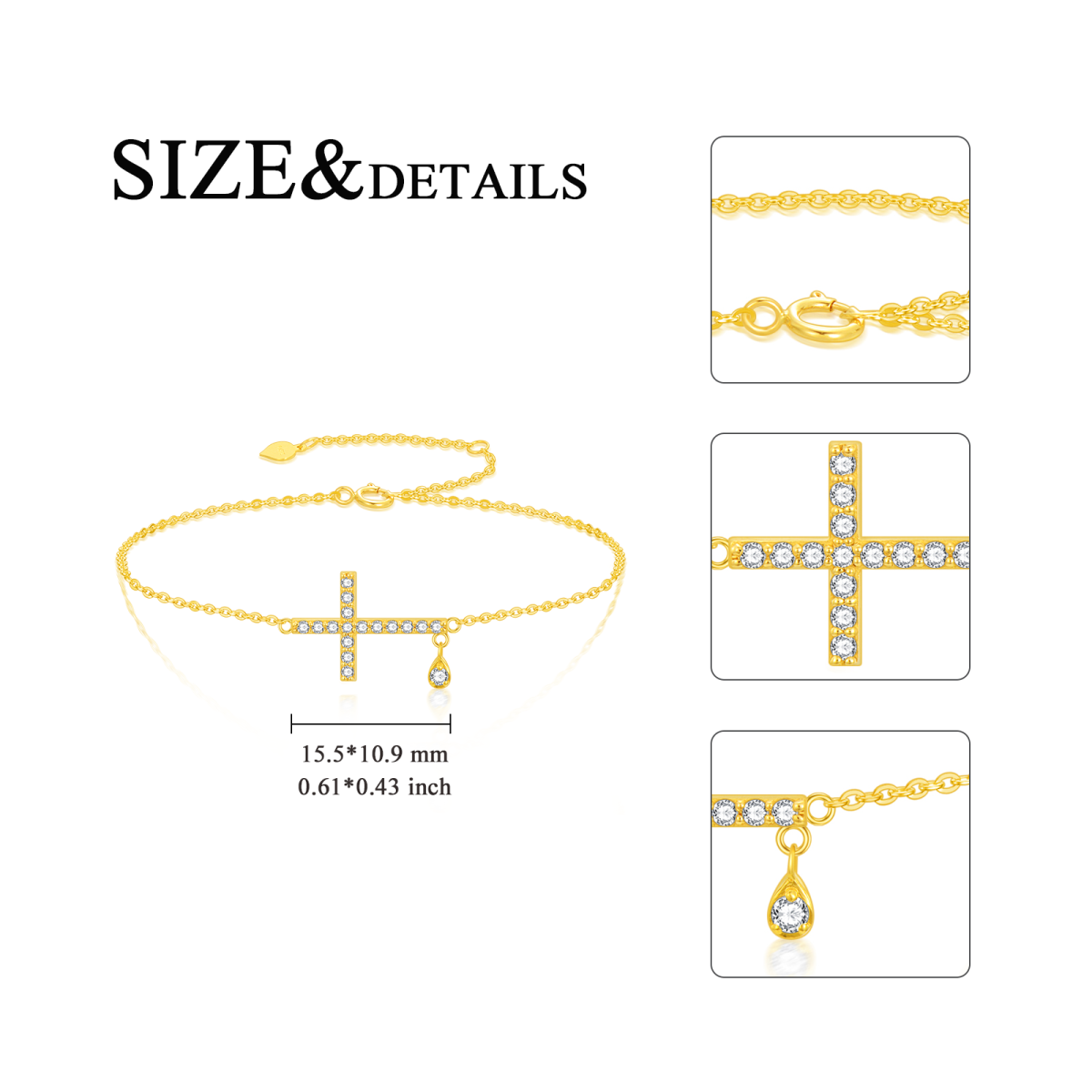 10K Gold Cubic Zirconia Cross & Drop Shape Charm Bracelet-5