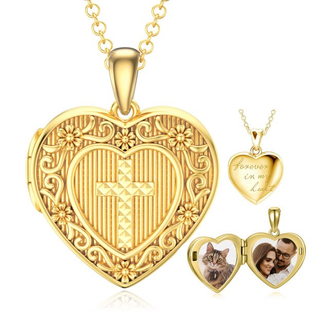 10K Oro Cruz Corazón Personalizado Grabado Foto Locket Collar-1