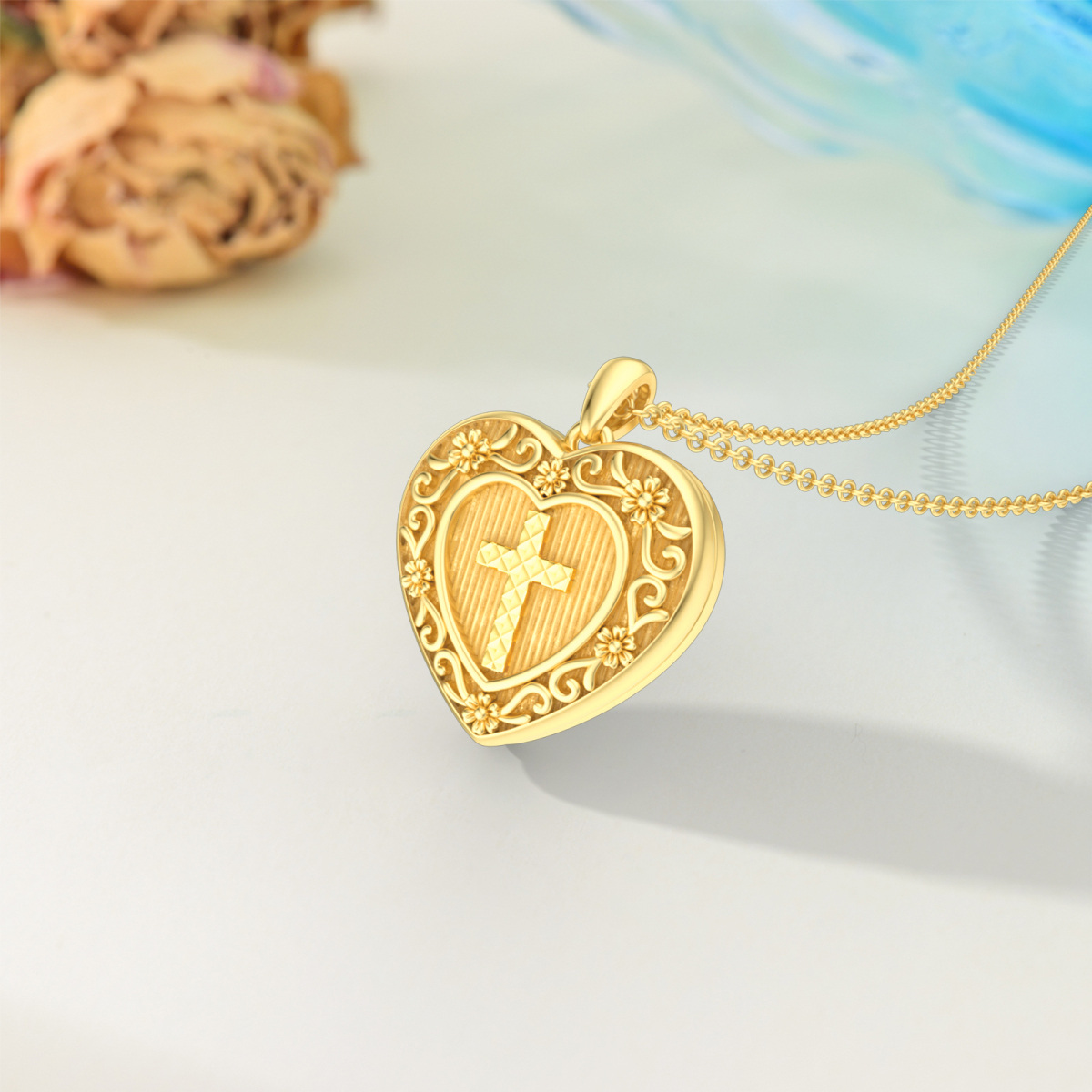 10K Gold Cross & Heart Personalized Photo Locket Necklace-3